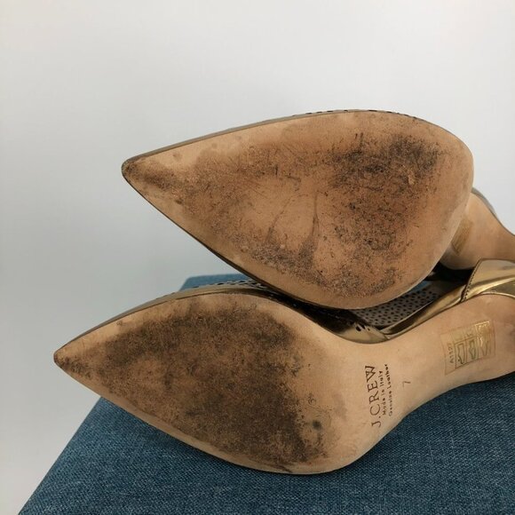 J.Crew Gold Perforated Pointed Toe Ankle Strap Natasha Mirror Metallic Heels 7 - Picture 5 of 15